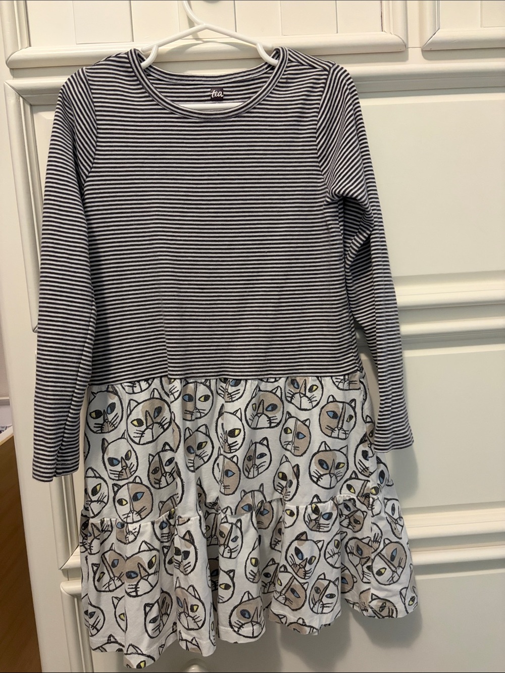 Tea Collection Navy Striped Top with Cream Cat Print Skirt Dress